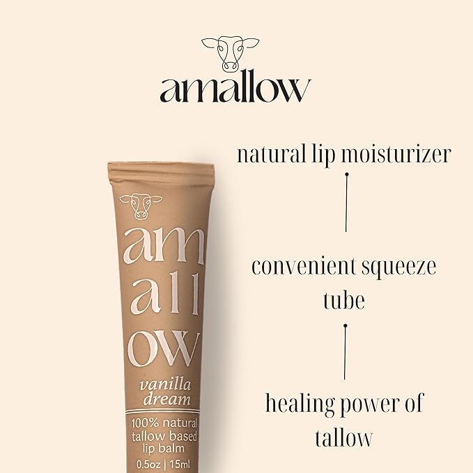 All Natural Tallow Lip Balm Squeezable Tube - Grass Fed/Finished Beef Tallow + Organic Beeswax & Vanilla Essential Oil .5 OZ (Vanilla Dream)-VivaGrace Women