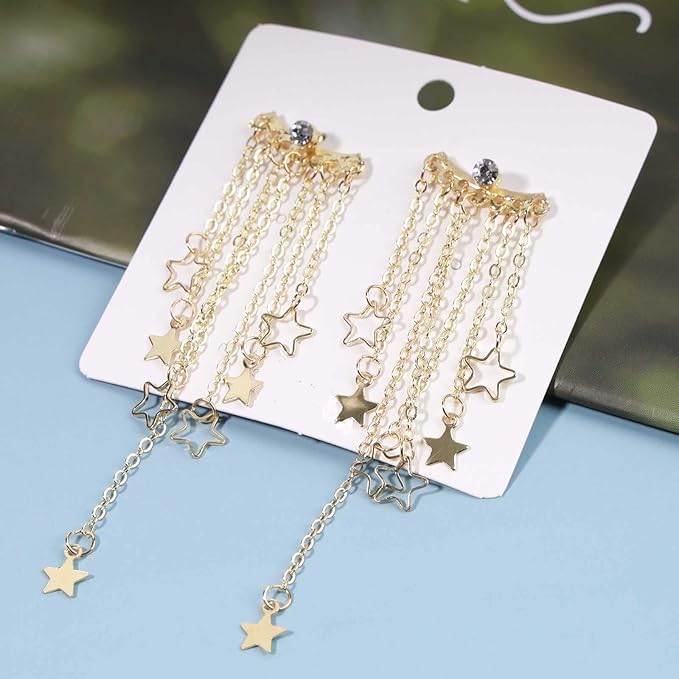 Boho Star Chain Tassel Earrings Gold Star Dangle Earrings Long Chain Drop Earrings Tiny Star Fringe Chain Earrings Jewelry for Women and Girls-VivaGrace Women