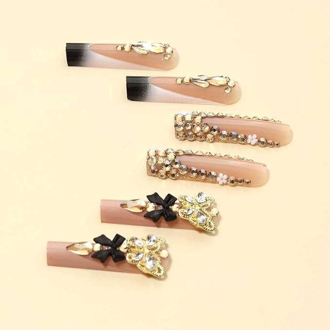 Long Press on Nails Square,Black French Tip False Nails with Glitter Design Hot Girls Nails 24Pcs(Gold & Black)