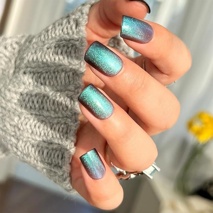 KQueenest Cat Eye Dark Green Press on Nails, Glitter Fake Nails Short Square, Sparkly Shiny False Nails With Design, Cute Bling Glue on Nails Short Coffin Stick on Nails for Women Daily Wear, 24 Pcs