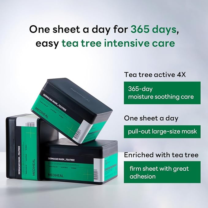 Mediheal Derma 365 Teetree Mask (30 Masks) - Daily Skin Care Mask for Deeply Comforting and Calming Skin with Teatree Active 4X-VivaGrace Women