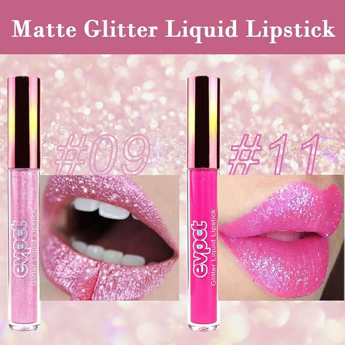 evpct 2Pcs Rose & Hot Pink Glitter Metallic Shimmer Diamond Lipstick Lip Gloss Set for Women Long Lasting Waterproof, Light Bright Rose Pink Sparkle Glitter Matte Liquid Lipstick Lip Makeup Kit-VivaGrace Women