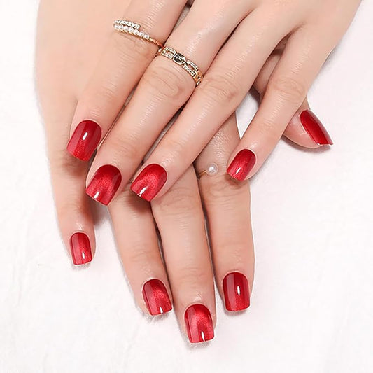 Red Press on Nails Short Square, Cat Eye Press on Nails, Fashion Gel Fake Nails, Reusable Acrylic Fake Nails, Glossy Stick on Nails for Women Girls Gift, Glue on Nails Kit, 24 Pcs, Ruby Flash