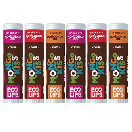 Mongo Kiss Organic Lip Balm 6-Pack by Eco Lips 100% Organic Beeswax & Cocoa Butter Lip Care with Mongongo Oil - Soothe & Moisturize Dry & Cracked Lips - Made in USA. (Pomegranate, Yumberry, Blood Oran-VivaGrace Women