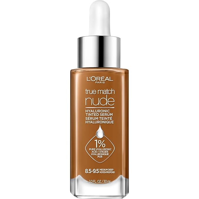 L'Oreal Paris True Match Nude Hyaluronic Tinted Serum Foundation with 1% Hyaluronic acid, Medium Deep 8.5-9.5, 1 fl. oz.-VivaGrace Women