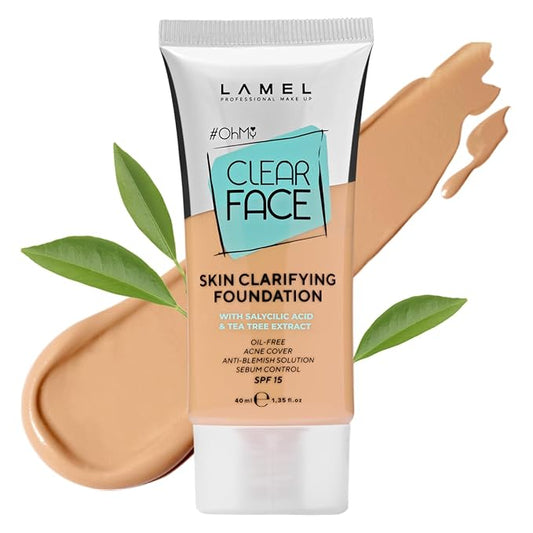 Lamel - Oh my Clear Face Foundation-404 Custard | Contains tea tree extract and salicylic acid |Controls sebum production |Anti-blemish formula |Oil free foundation | 40ml-VivaGrace Women