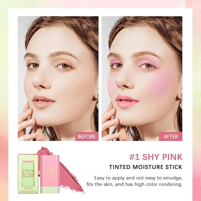 Soft Creamy Blush Stick,On-the-Go Blush,2-in-1 Cheek and Lip Tint,Waterproof Hydrating Solid Natural Moisture Smooth Blendable Matte Finish Face Blush Makeup,01 shy pink-VivaGrace Women