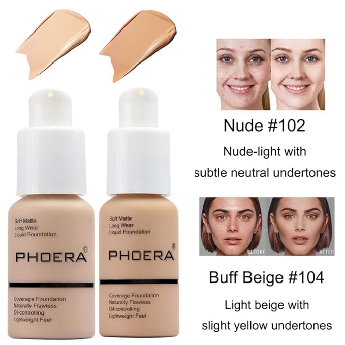 2 Pcs Phoera Foundation Makeup 102 and 104 Liquid Full Coverage 24HR Matte Oil Control Foundation Makeup Concealer (Nude & Buff Beige) with Kabuki Foundation Brush Flat Top-VivaGrace Women