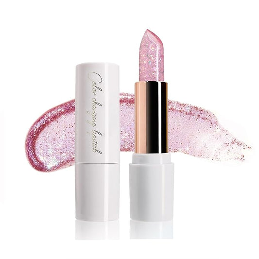Pink Shimmer Lipstick, Ph Mood Magic Color Changing Lip Balm Plumping Glimmer Glow Lipstick Hydrating Lip Glow Oil Lasting Tinted Lip Balm Moisturizing Lips Care Temperature Jelly Lipstick(3#)-VivaGrace Women