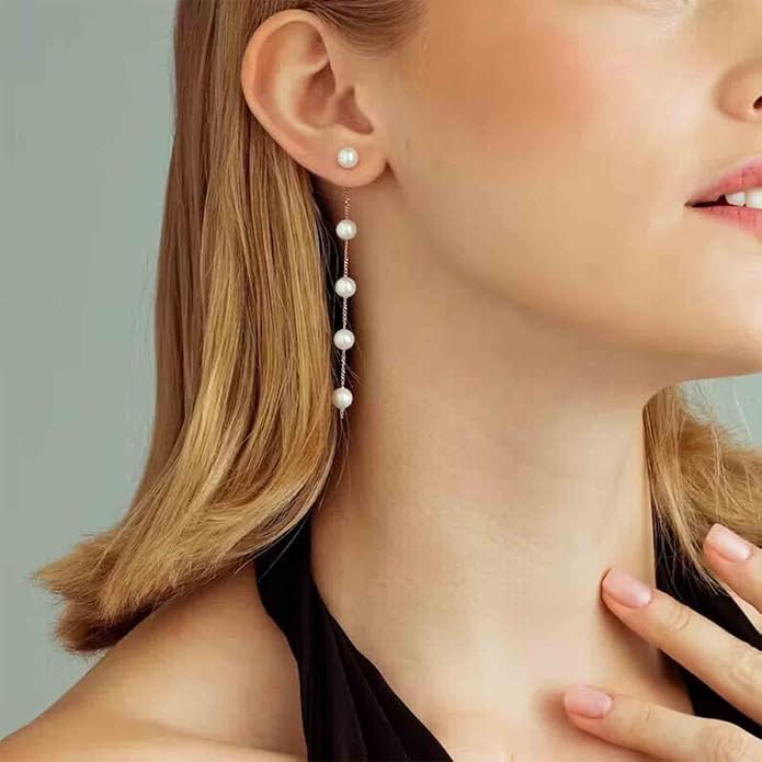 Boho Pearl Drop Earrings Long Pearl Tassel Earrings Gold Pearl Chain Earrings Vintage Pearl Stud Earrings Jewelry for Women-VivaGrace Women