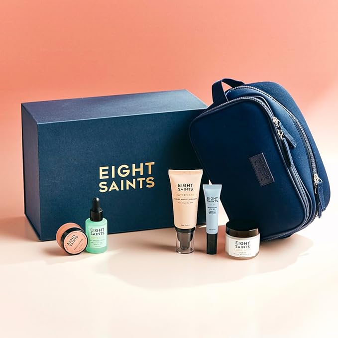 Eight Saints Date Night Skincare Prep Gift Set, All Natural & Organic, Gift Set Includes Eye Gel, Hyaluronic Acid Serm, Mud Face Cleanser, Vitamin C Cream, Lip Mask, and Neoprene Travel Bag, 6 Pc Set-VivaGrace Women