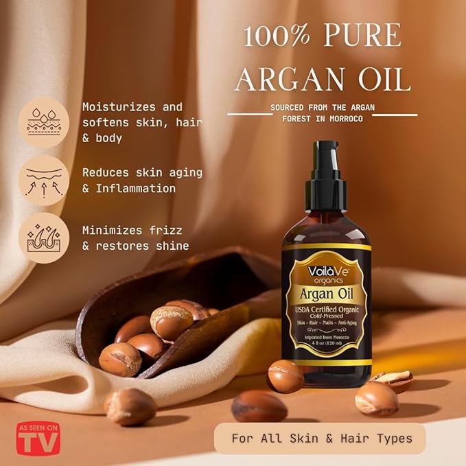 VoilaVe USDA and ECOCERT 100% Pure Organic Moroccan Argan Oil for Skin, Nails & Hair Growth, Anti-Aging Face Moisturizer, Cold Pressed, Hair Moisturizer, Rich in Vitamin E, As Seen On TV - 4 fl oz-VivaGrace Women