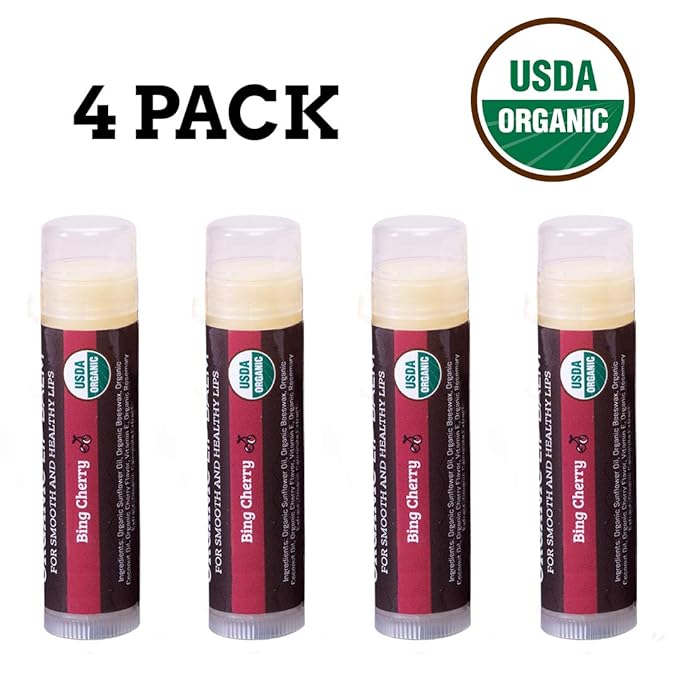 USDA Organic Lip Balm 4-Pack by Earth's Daughter - Cherry Flavor, Beeswax, Coconut Oil, Vitamin E - Best Lip Repair Chapstick for Dry Cracked Lips.-VivaGrace Women