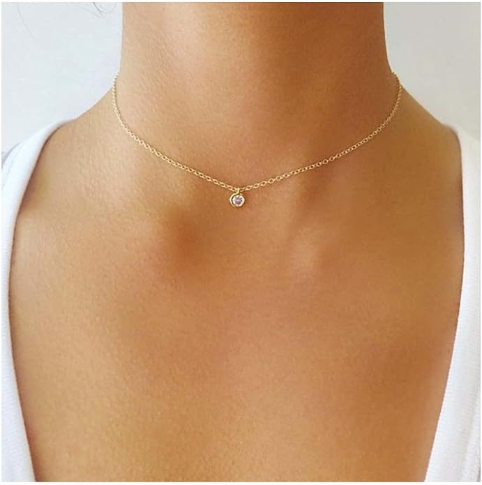 Boho Tiny Crystal Choker Gold Clear Quartz Pendant Necklace Minimal Dot CZ Choker Necklace Simple Everyday Necklace Wedding Necklace Jewelry for Women and Girls Gifts-VivaGrace Women