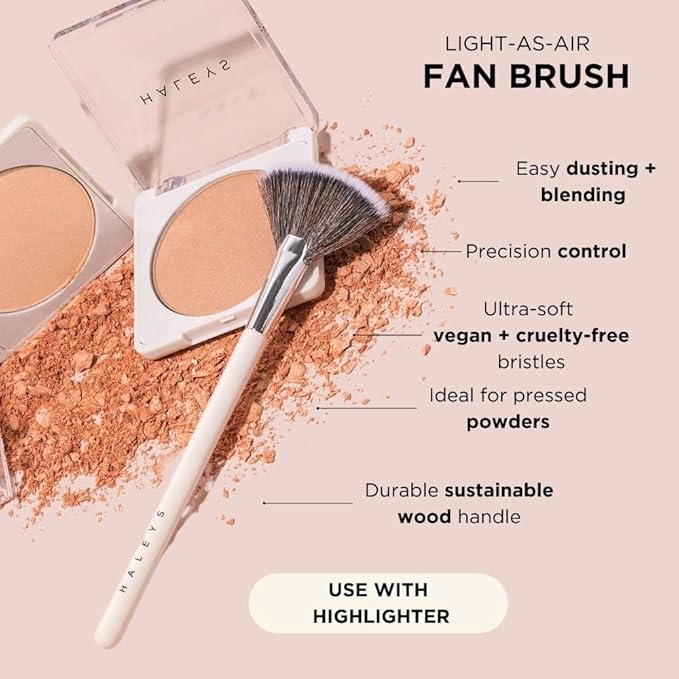 HALEYS Fan Brush VEGAN+CRUELTY-FREE, Sustainable Wood, Vegan Bristles for Airbrushed Finish, For highlighter application, Streak-free, Perfect Blending, Blurs, Smooths with Control-VivaGrace Women
