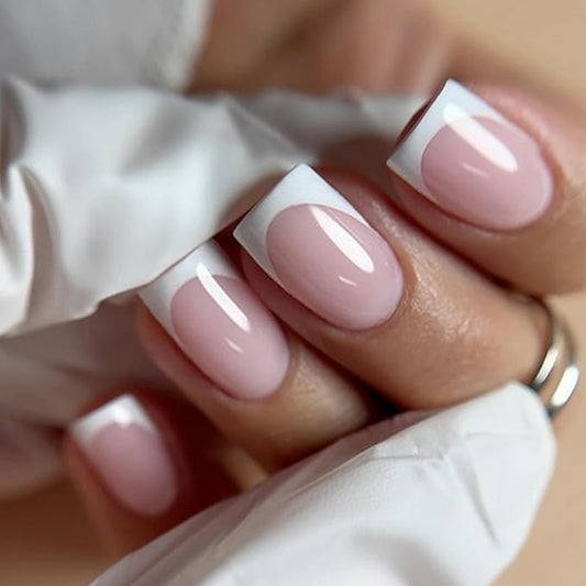 24Pcs French Short Press on Nails with Jelly Glue White French Tip Press On Acrylic Nails Nude Pink False Nail Tips Reusable Cute Finger Manicure Decorations for Women