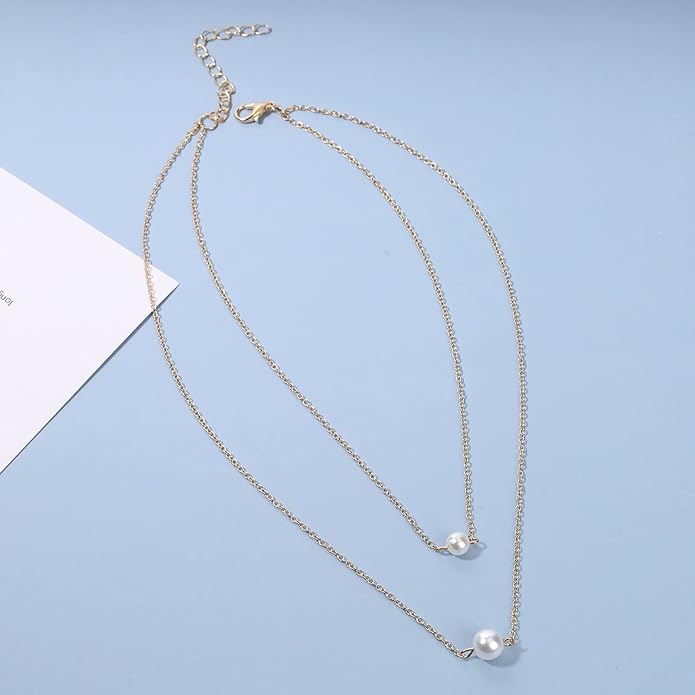 Boho Layered Pearl Necklace Choker Gold Pearl Pendant Necklace Multi Layer Vintage Necklace Chain Bridal Necklace Jewelry for Women and Girls-VivaGrace Women