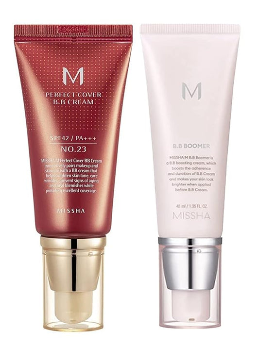 MISSHA M PERFECT COVER BB CREAM No.23 Natural Beige for Light with Neutral Skin Tone SPF 42 PA+++1.69 oz & M BB Boomer 40ml -Lightweight, Multi-Function, High Coverage-VivaGrace Women
