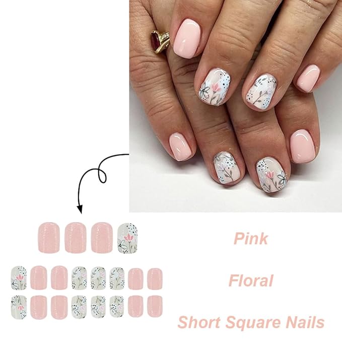 Pink Flower Press on Nails Short Square Fake Nails Cute Floral False Nails Full Cover Glue on Nails Artificial Acrylic Stick on Nails Spring Nude Pink Fake Nails for Women Manicure Kit 24Pcs