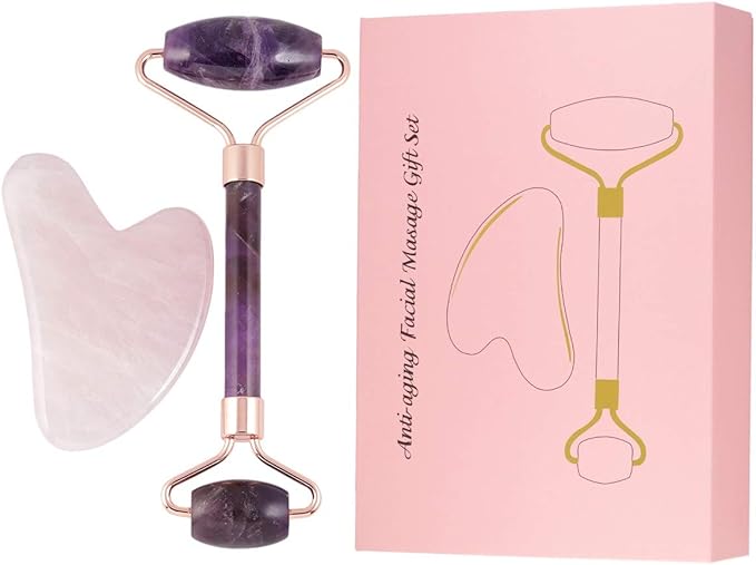 Rockcloud Natural Crystal Jade Roller and Gua Sha Scraping Set Massager Tool for Anti Aging Beauty Neck Body Reduce Wrinkles Facial Massager Therapy Amethyst and Rose Quartz-VivaGrace Women