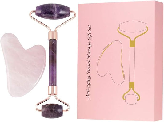 Rockcloud Natural Crystal Jade Roller and Gua Sha Scraping Set Massager Tool for Anti Aging Beauty Neck Body Reduce Wrinkles Facial Massager Therapy Amethyst and Rose Quartz-VivaGrace Women