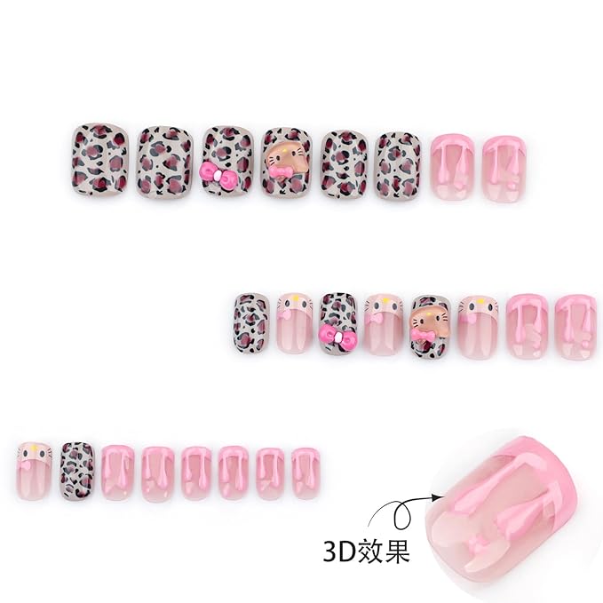 Cute Press on Nails Short Square Fake Nails with 3D French Cute Kawaii Design Leopard Pink Press ons Cartoon Nail Tip Artificial Acrylic Nail Cute False Nails for Women Girls Manicure 24Pcs