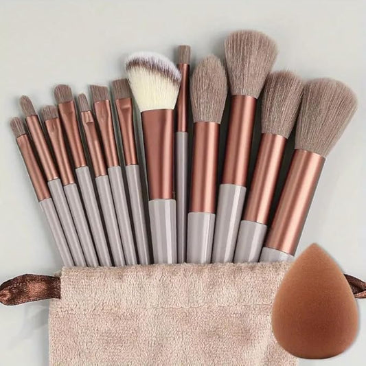 Foundation Makeup Brush Set Kit | 13 Pcs Premium Synthetic Kabuki Eye Shadows Make Up Brushes + 1 Sponge + 1 Brush Bag for Travel and Home Use (BROWN)-VivaGrace Women
