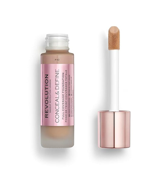 Revolution Beauty, Conceal & Define Foundation, Full Coverage, Long-Lasting Matte Finish, Vegan & Cruelty Free, F10 Medium Skin Tones, 0.8 Fl.Oz.-VivaGrace Women
