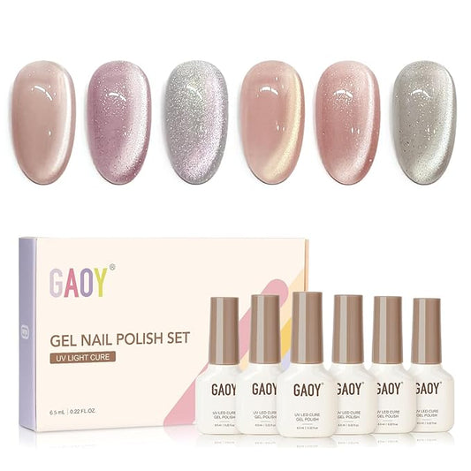 GAOY Nude Cat Eye Gel Nail Polish Set with Magnet, 6 Soft Colors for Everyday Neutral Nails, Glitter Holography DIY Manicure