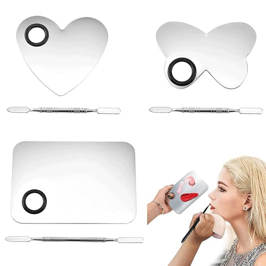 6 in 3 Set Makeup Mixing Palettes, 2 Pcs Stainless Steel Nail Art Palette with 2 Makeup Spatula for Foundation Makeup Tools Eyeshadow Nail Art (4 in 2 Silver Heart Rectangular)-VivaGrace Women