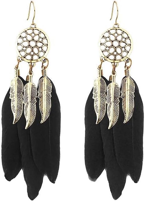Boho Black Feather Dangle Earrings Long Feather Tassel Earrings Vintage Tribal Feather Earrings Gold Feather Drop Earrings Jewelry for Women-VivaGrace Women