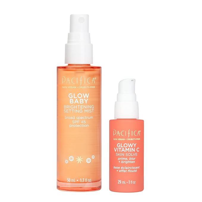 Pacifica Beauty Glow Baby Brightening Setting Mist & Glowy Vitamin C Skin Solve Set, Skincare, Suncare, SPF 45, UVA/UVB, Blue Light Protection, Primer, Vegan, 1.7 fl oz and 1 fl oz (Set of 2)-VivaGrace Women