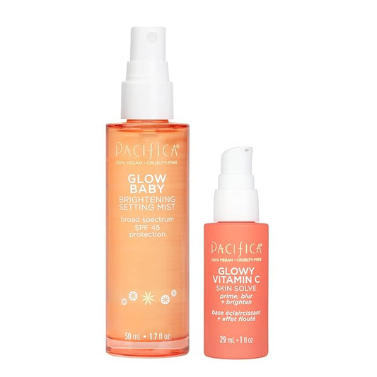 Pacifica Beauty Glow Baby Brightening Setting Mist & Glowy Vitamin C Skin Solve Set, Skincare, Suncare, SPF 45, UVA/UVB, Blue Light Protection, Primer, Vegan, 1.7 fl oz and 1 fl oz (Set of 2)-VivaGrace Women