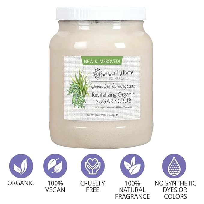 Ginger Lily Farms Botanicals Revitalizing Organic Sugar Scrub, All-Natural Skin Exfoliating Sugar Crystals, 100% Vegan & Cruelty-Free, Green Tea Lemongrass, 64 oz.-VivaGrace Women