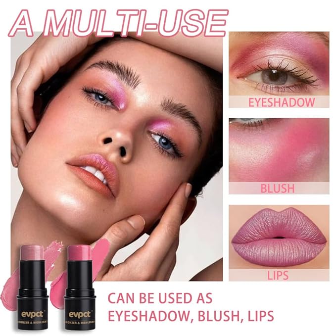 evpct 2Pcs Shimmer Pink Rose Cream Blush Stick for Cheeks Lips Tint Eyes Contour Highlighter Makeup Sticks Lightweight Hydrating formula rubor en crema para los cachetes 01 Dainty & 05 Sweet Heart-VivaGrace Women