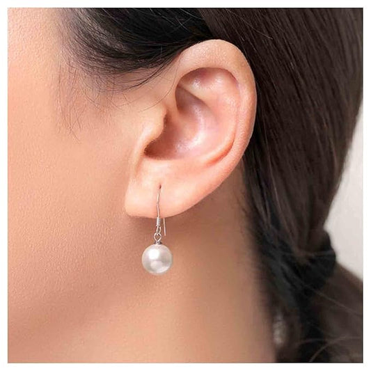Boho Pearl Hook Earrings Freshwater Pearl Drop Earrings Silver Round Dangle Earrings Bridal Earrings Jewelry for Women and Girls Bridesmaid Gifts-VivaGrace Women
