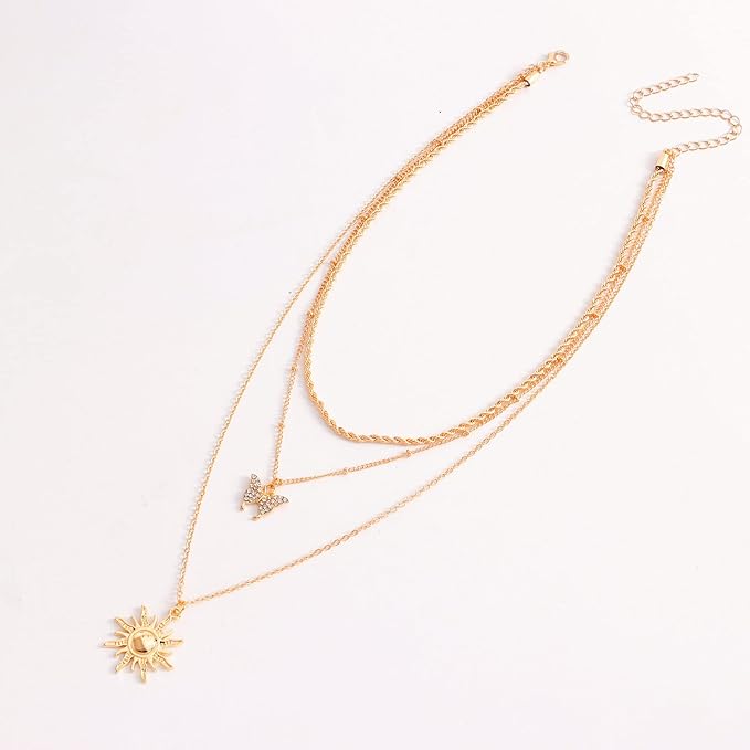 Bohemia Layered Sun Necklace Choker Crystal Butterfly Pendant Necklace Gold Rope Chain Necklace Vintage Sunflower Necklace Jewelry for Women and Girls-VivaGrace Women