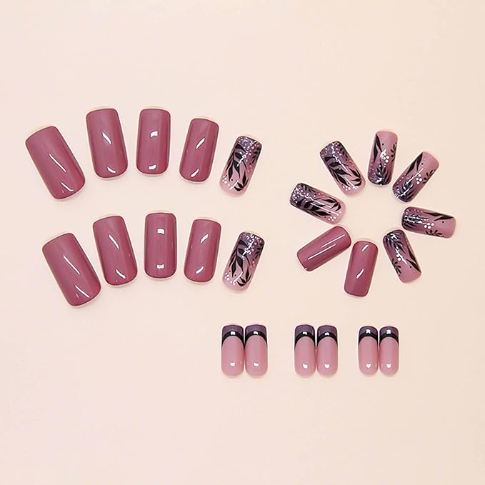 Medium Square Press on Nails Purple French Fake Nails Glitter False Nails with Leaf Designs Full Cover Glue on Nails Sparkly Artificial Nails Cute Stick on Nails for Women 24Pcs