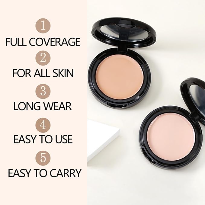Powder Foundation,Long Wear Full Coverage Foundation with Sponge,Flawess Demi-Matte Finish,Brighten Correcting Color-VivaGrace Women