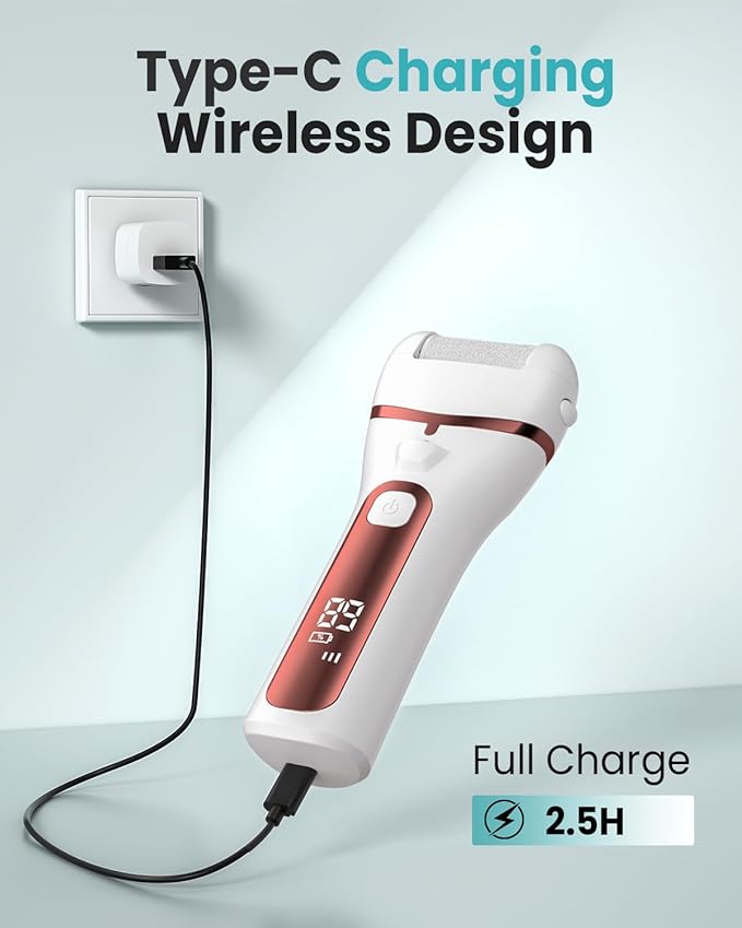 PUBOO Foot Callus Remover Electric 10000 RPM 3-Speed IPX7 Rechargeable Pedicure Kit for Hard Skin Women & Men. Portable Multi-Roller File Grinder Sander Scrubber with LED Display for Wet & Dry Feet-VivaGrace Women