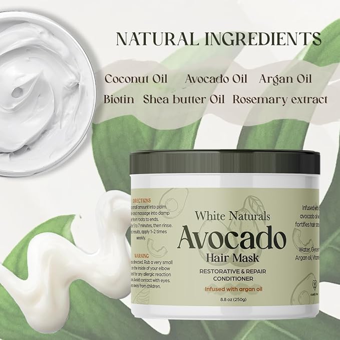 White Naturals Avocado Hair Mask Infused with Biotin for Growth and Volume, Deep Conditioning Cream for Healthy Hydrated Thick Hair, Nourishing Avocado Oil Cream to Help Restore Damaged Tips-VivaGrace Women