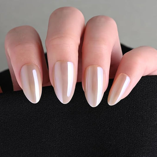 Chrome Press on Nails Short Almond, Nude Beige Spring Press on Nails Almond, Fashion Gel Fake Nails, Reusable Glossy Stick on Nails for Women, Glue on Nails Kit,15 Sizes - 30Pcs