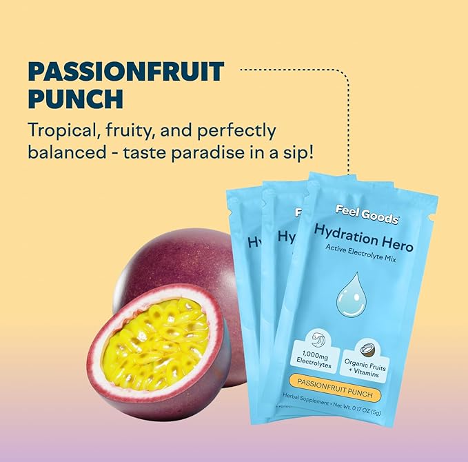 Feel Goods Hydration Hero, 1,000mg Electrolytes Powder, Sugar Free, Magnesium, Organic Aloe Vera, L Theanine, Vitamin C & B12, Keto, Vegan, Electrolyte Packets, Passion Fruit Punch, 15 Count-VivaGrace Women
