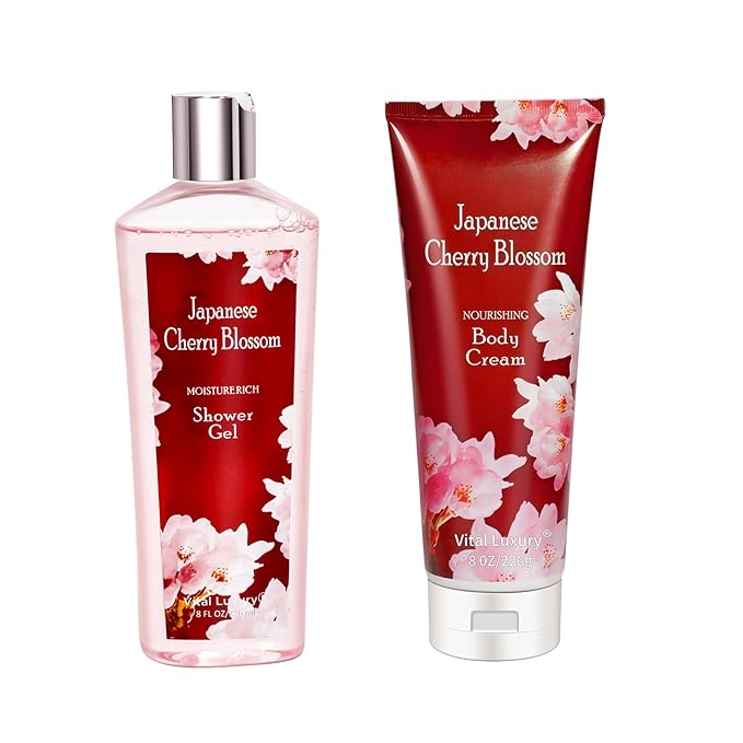 Japanese Cherry Blossom Shower Gel and Body Cream Set - Nourishing and Moisturizing Daily Skincare - 8 fl.oz / 236mL Each, Christmas Gifts for Her and Him (Japanese Cherry Blossom)-VivaGrace Women