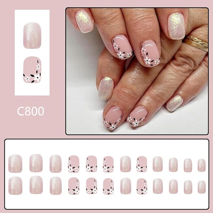 24Pcs Flower Press on Nails Short Square Fake Nails with Gold Designs Nude Pink Gradient Fake Nails Cute Flower Artificial Nails Spring Glue on Nails Acrylic Nails for Women