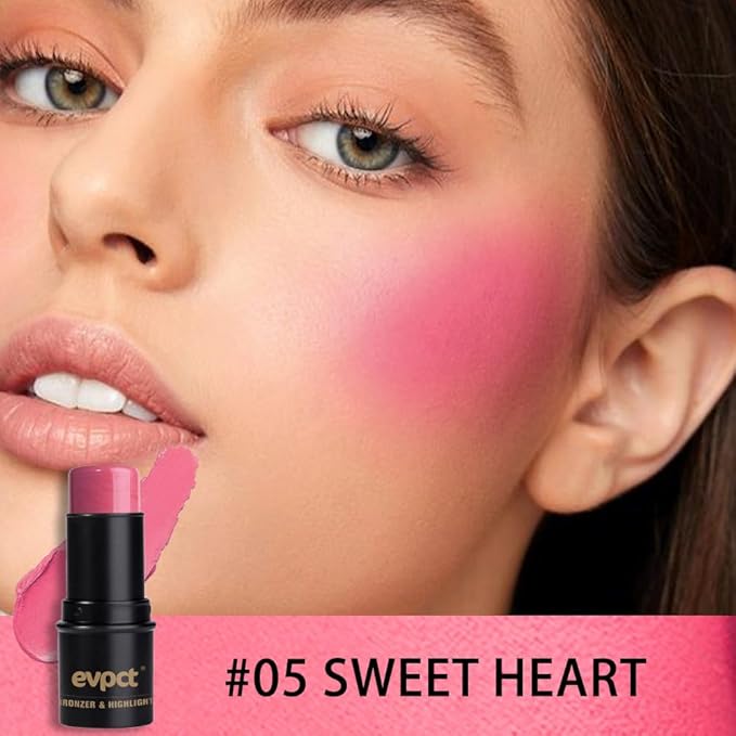 evpct 2Pcs Shimmer Pink Rose Cream Blush Stick for Cheeks Lips Tint Eyes Contour Highlighter Makeup Sticks Lightweight Hydrating formula rubor en crema para los cachetes 01 Dainty & 05 Sweet Heart-VivaGrace Women
