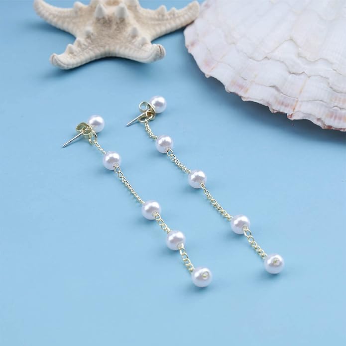 Boho Pearl Drop Earrings Long Pearl Tassel Earrings Gold Pearl Chain Earrings Vintage Pearl Stud Earrings Jewelry for Women-VivaGrace Women