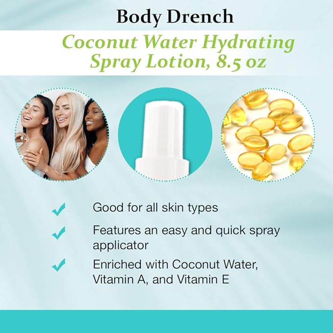 Body Drench Coconut Water Hydrating Spray Lotion for All Skin Types, 8.5 fl oz-VivaGrace Women