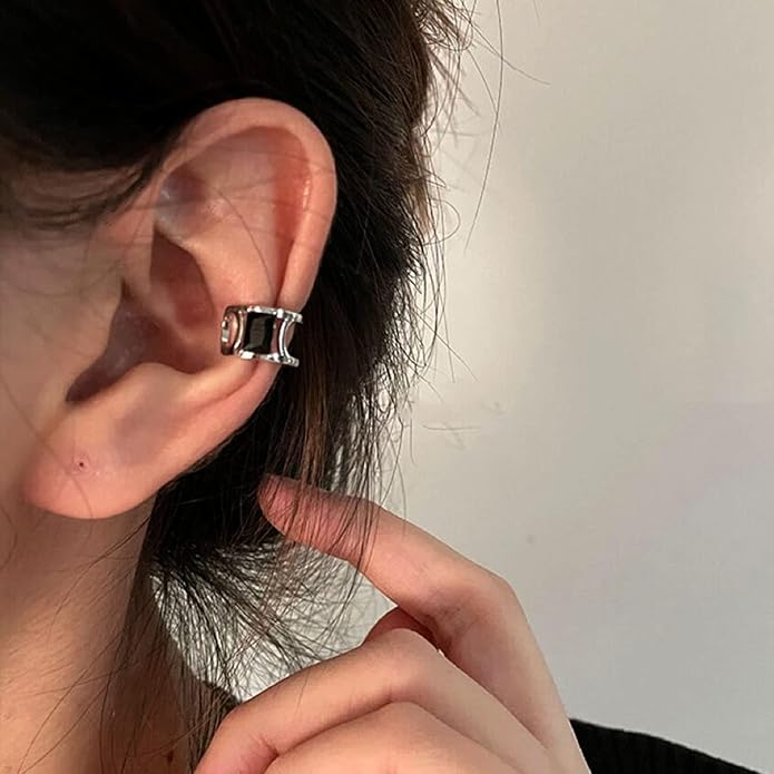 Vintage Crystal Ear Cuff Earrings Black Onyx Cuff Earrings Rhinestone Cartilage Earrings Silver Open Cuff Wrap Earrings Jewelry for Women-VivaGrace Women