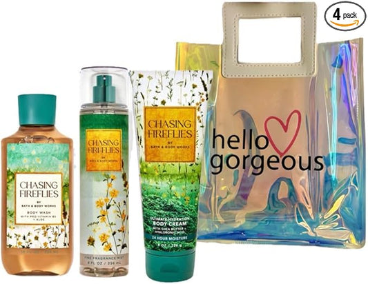 Bath & Body Works - 3 Piece Bundle - Spray - Body Cream - Shower Gel - Full Size and Gift Bag HELLO GORGEOUS (Chasing Fireflies)-VivaGrace Women